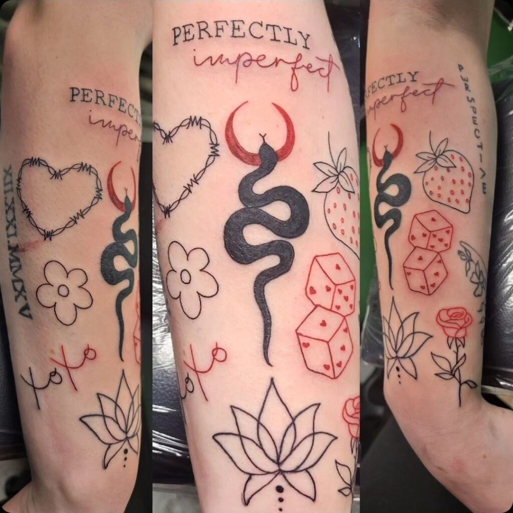 tatuagem de manga em patchwork vermelho e preto perfeitamente imperfeita