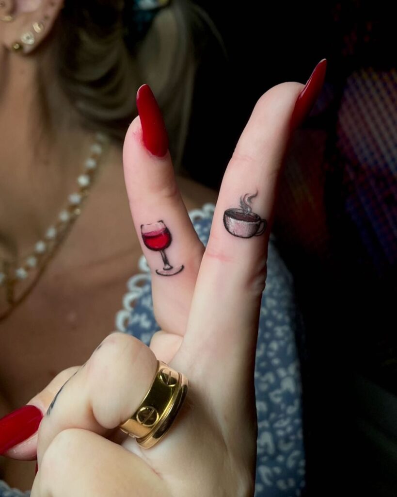 personalized finger tattoos with wine and coffee design