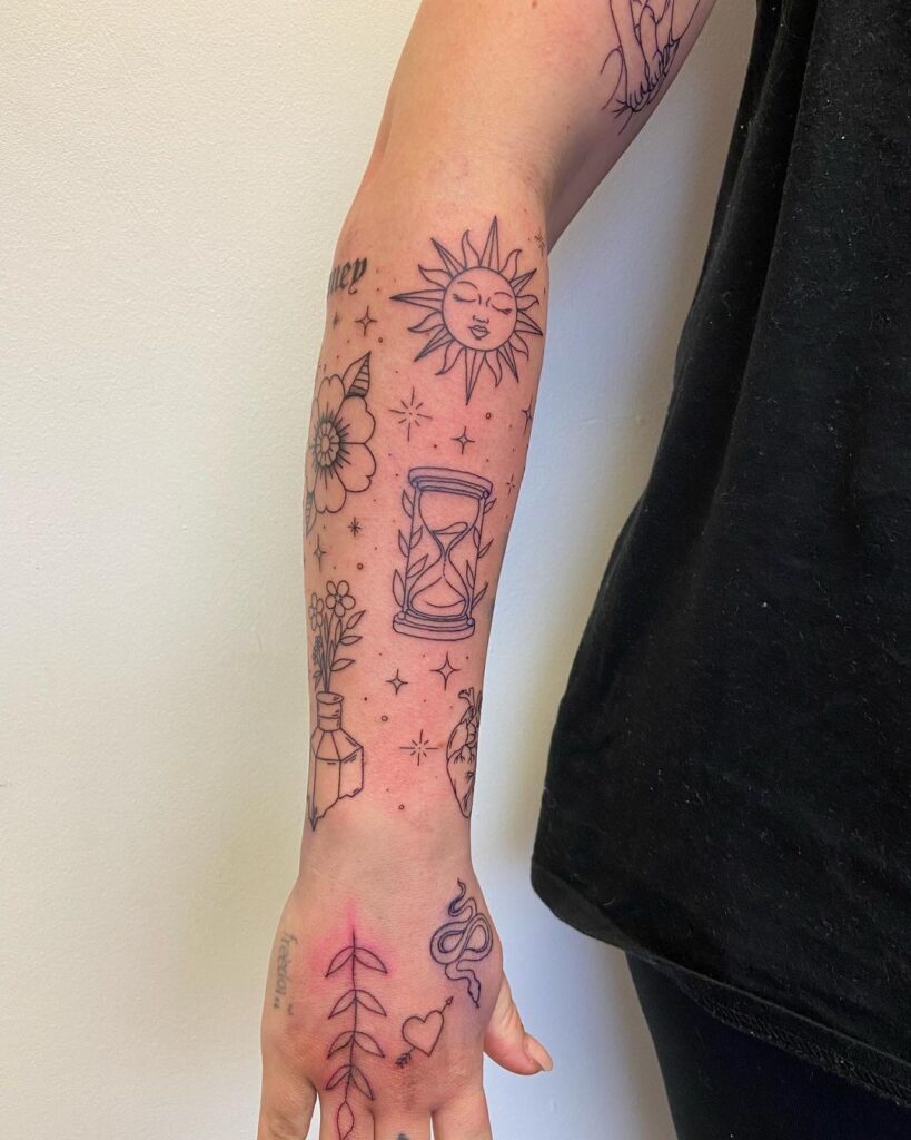 positive vibes patchwork half-sleeve tattoo