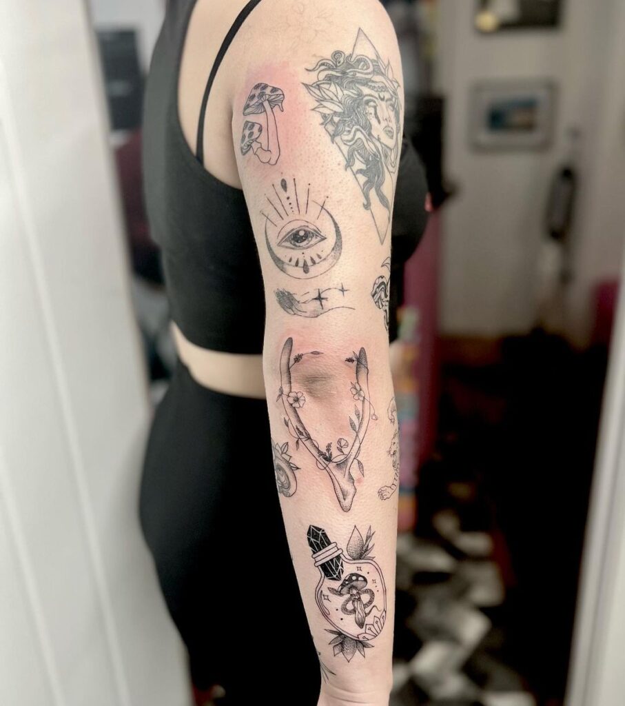 silver lining patchwork sleeve tattoo