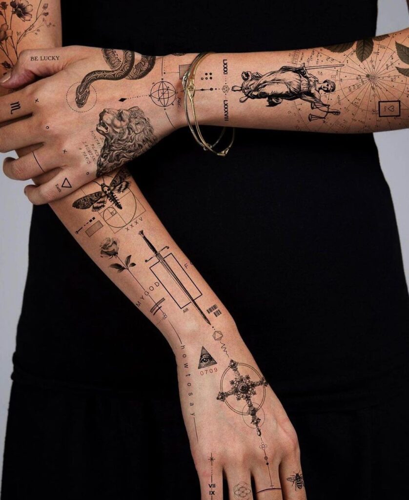 spiritual geometry patchwork sleeve tattoo
