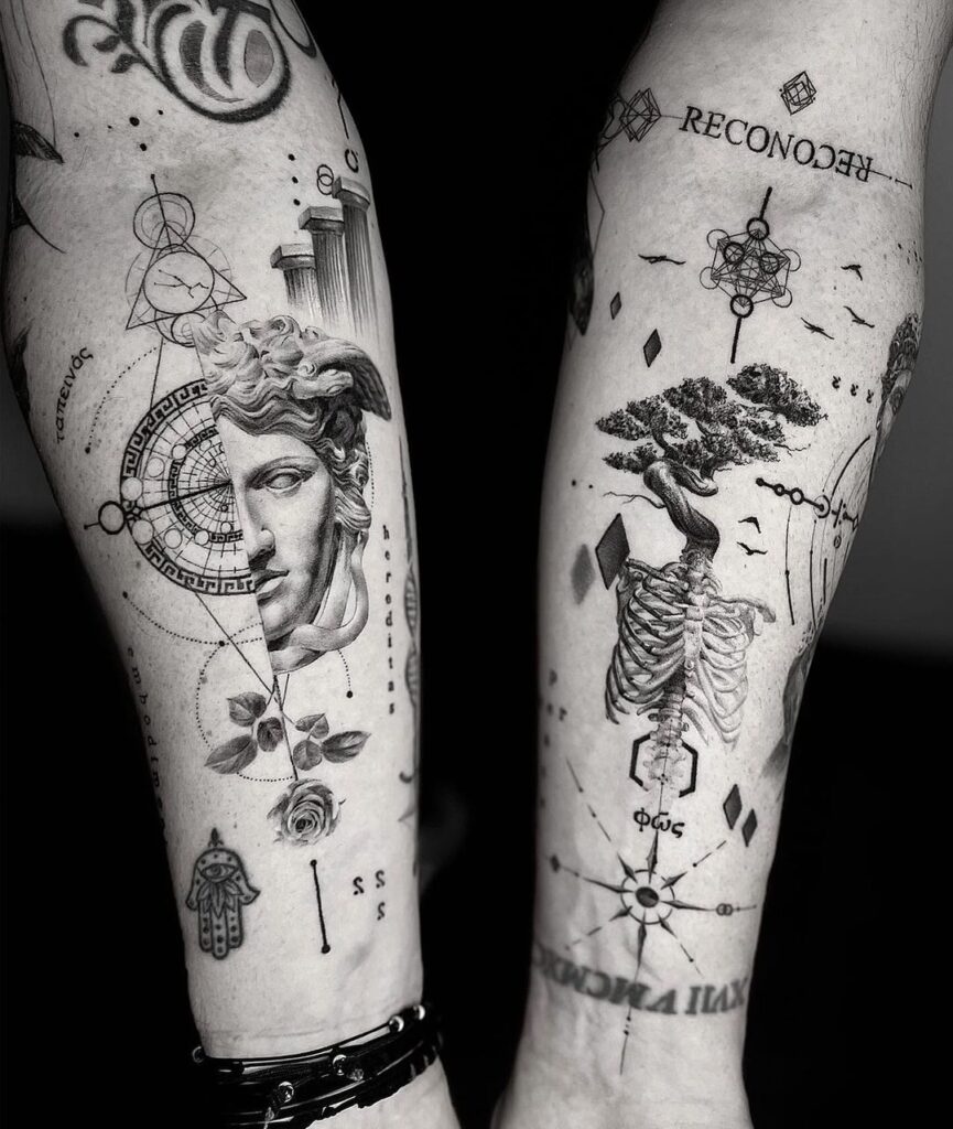 tatuaggio spirituale patchwork sulla manica