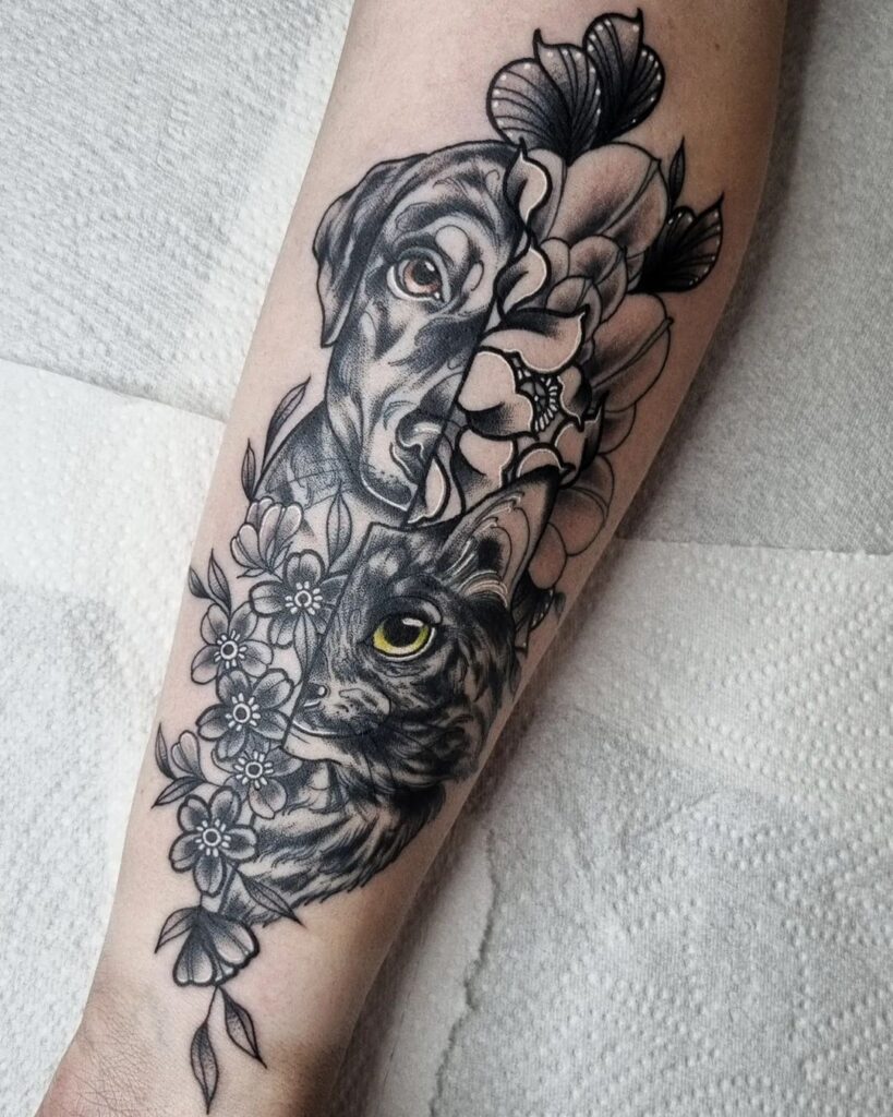 Cat And Dog Floral Tattoo