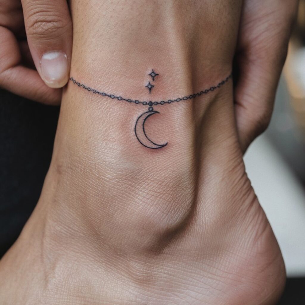 Tatuaje de tobillera con amuleto de luna