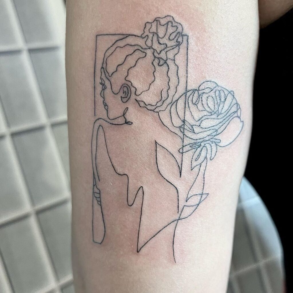 One-Line Strong Woman And Rose Tat