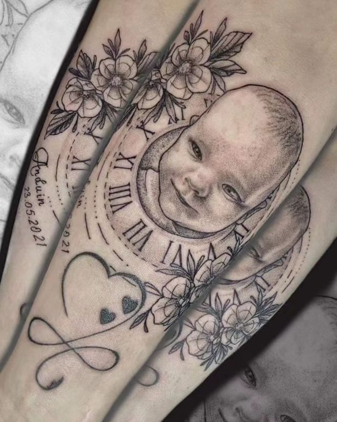 Portrait Of A Baby With Watch, Flowers, And Heart