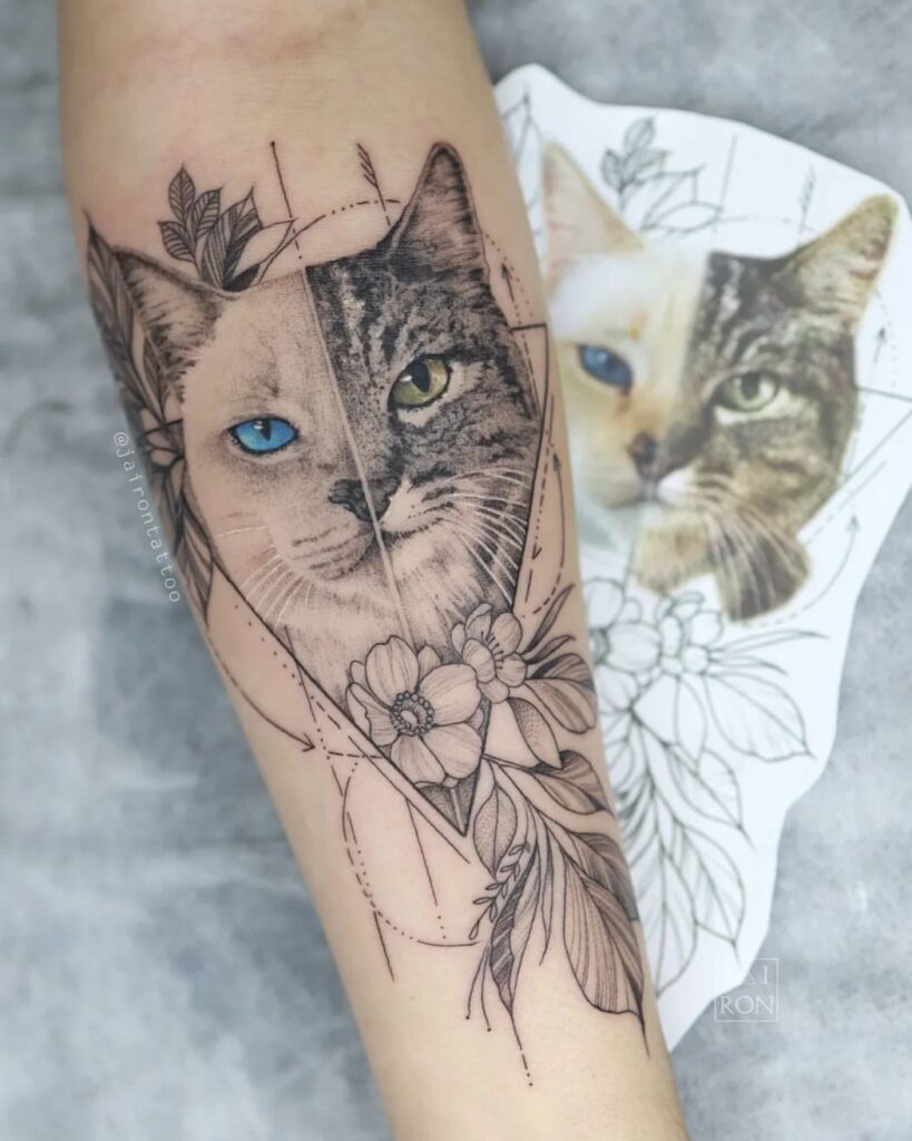 Tatuagem de gato com elementos geométricos