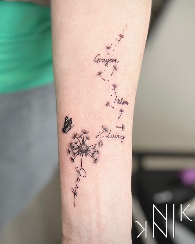 Dandelion With Family Names Tattoo