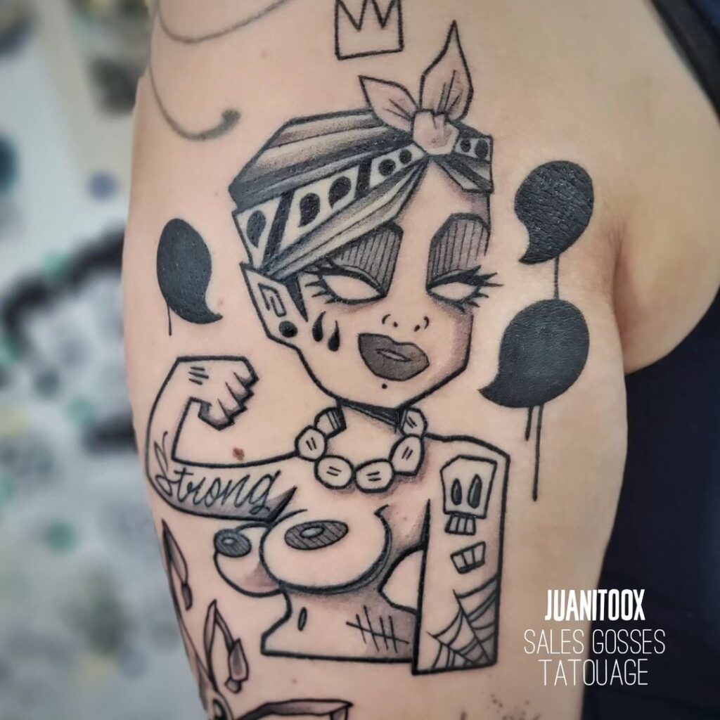 Strong Woman Street Cartoon Tattoo