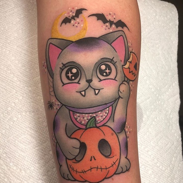 Cat With Pumpkin Tattoo