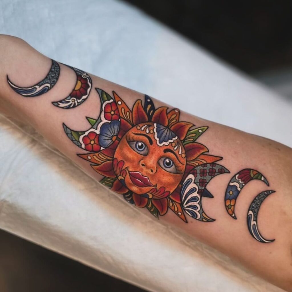 Celestial Elements In Mexican Style Tattoo