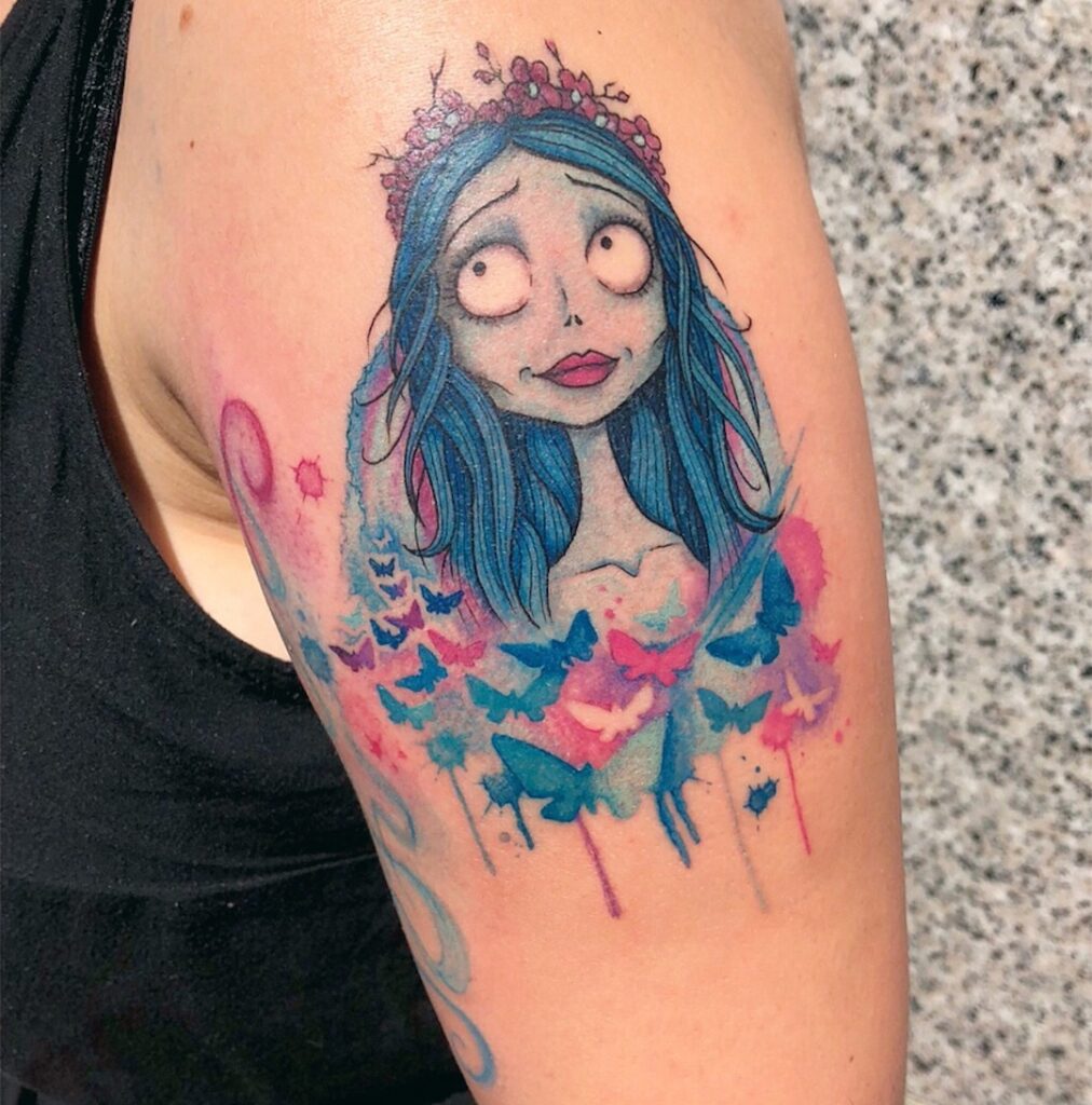 Tatuagem colorida de noiva cadáver para o braço