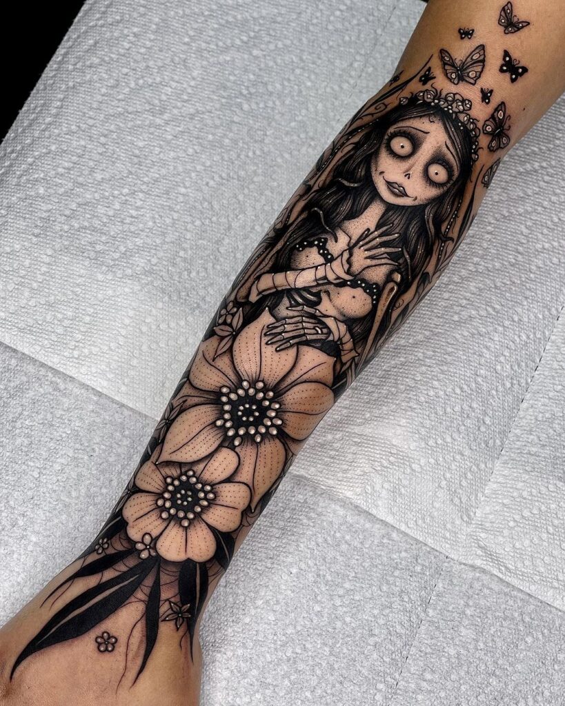 Tatuagem de meia manga de noiva cadáver