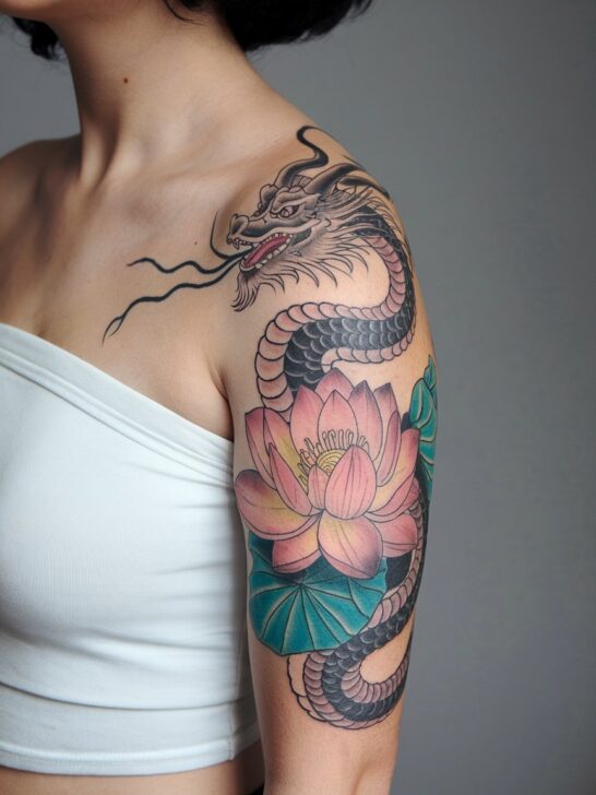 Dragon Intertwined With Lotus Tattoo