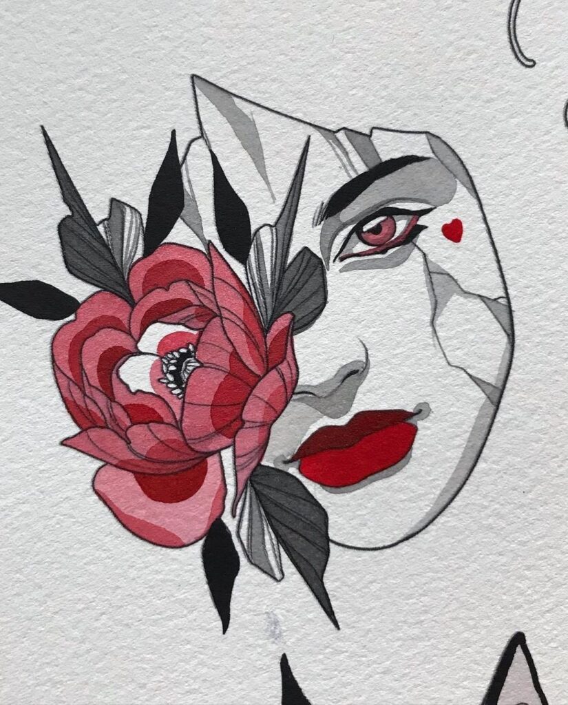 Flower And Woman's Face Tat Drawing