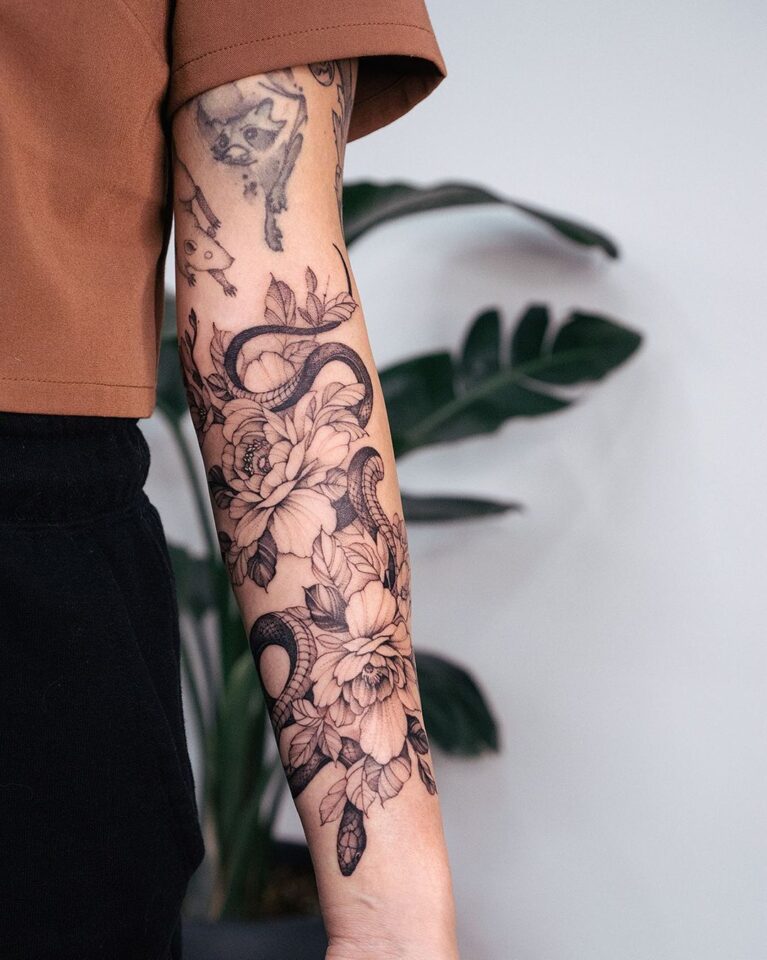  Flowers And Snake Tattoo