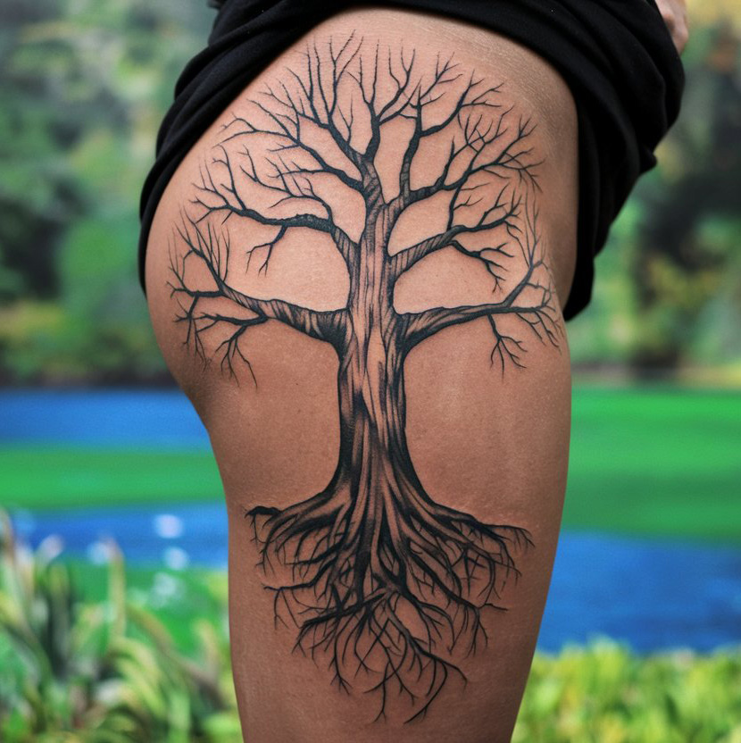 Grande tatuaggio dell'anca con albero di veleno