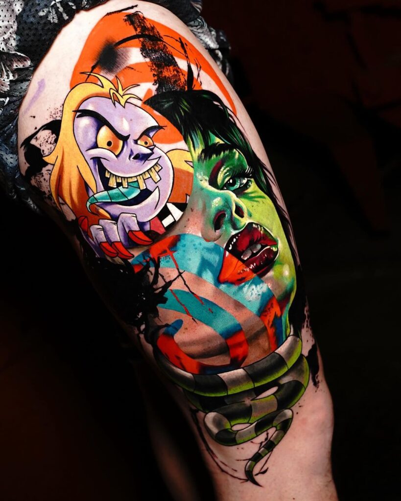 Tatuagem Beetlejuice grande e vibrante