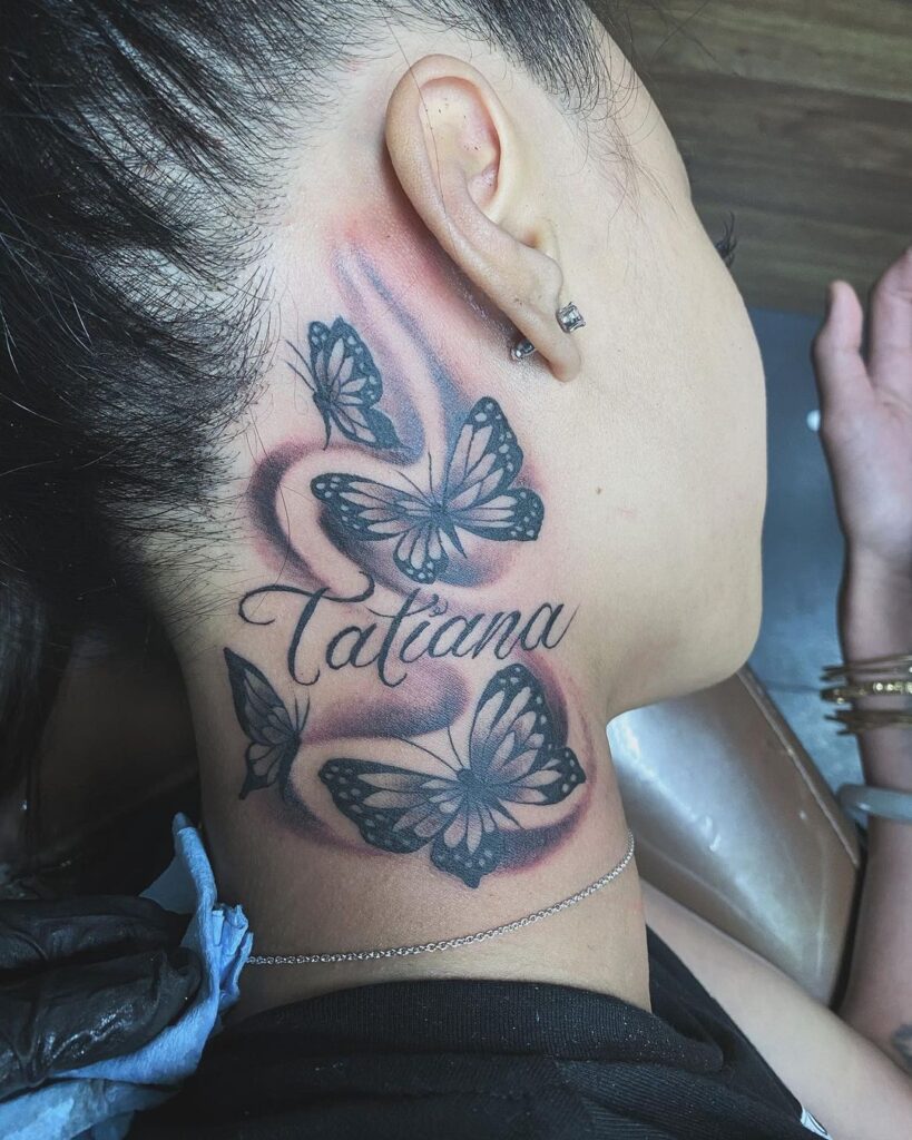 Name And Butterflies Cursive Neck Tattoo