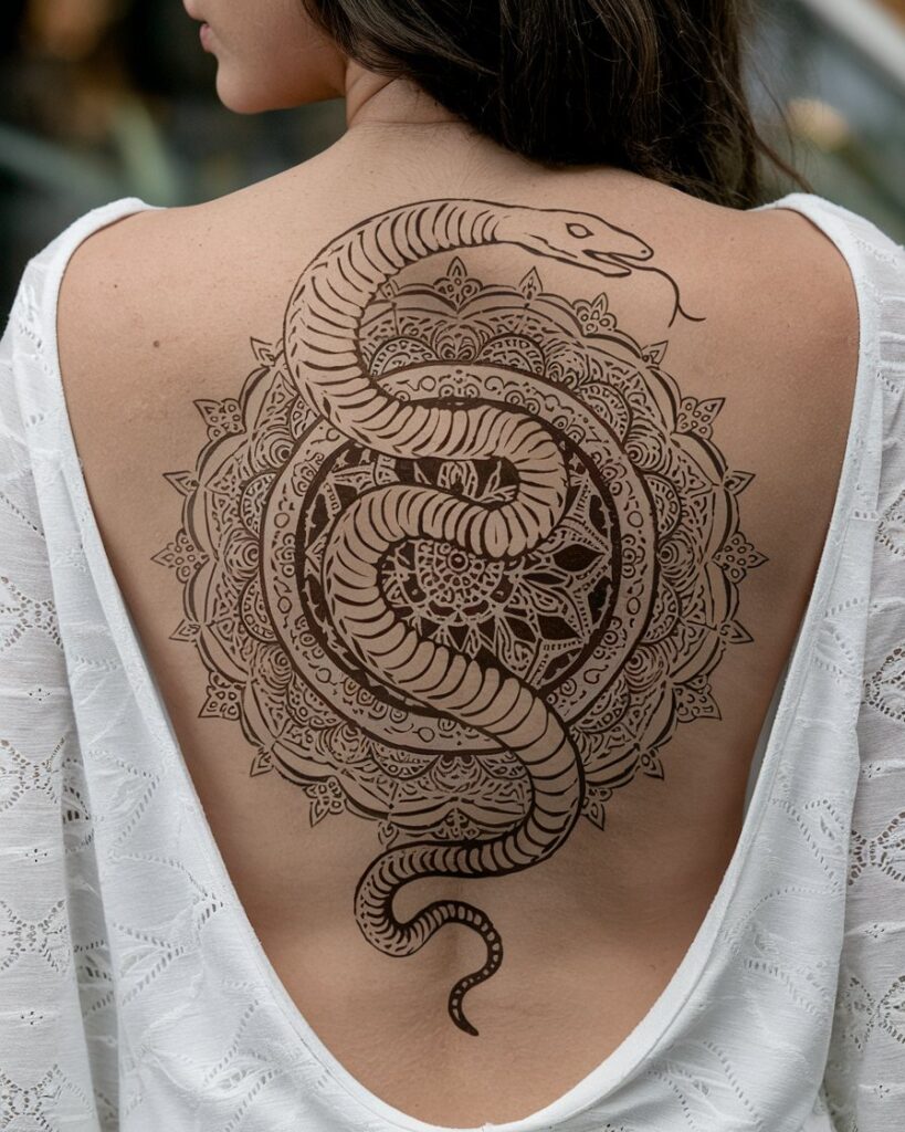 Tatuagem de serpente entrelaçada com mandala