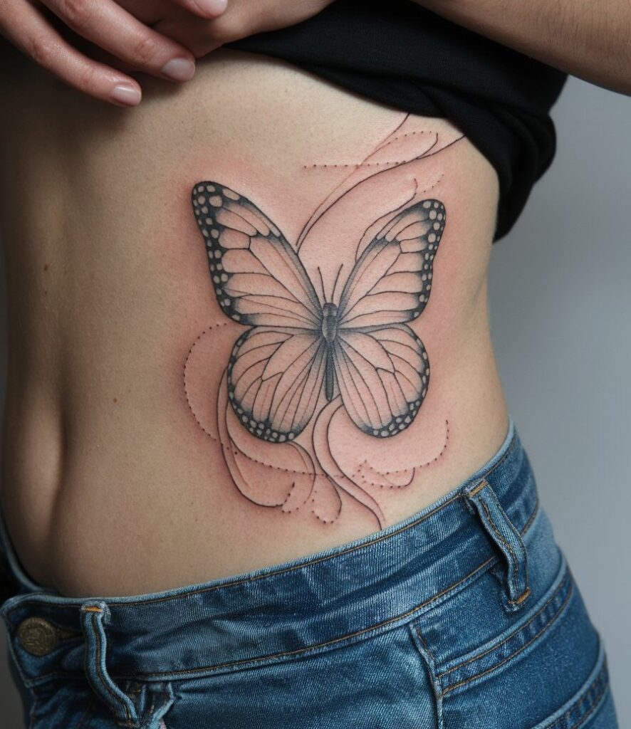 Tatuaje de mariposa de lado del estómago