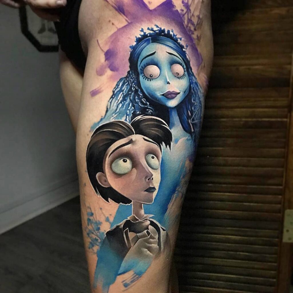 Tatuagem de coxa de Victor e Emily Corpse Bride