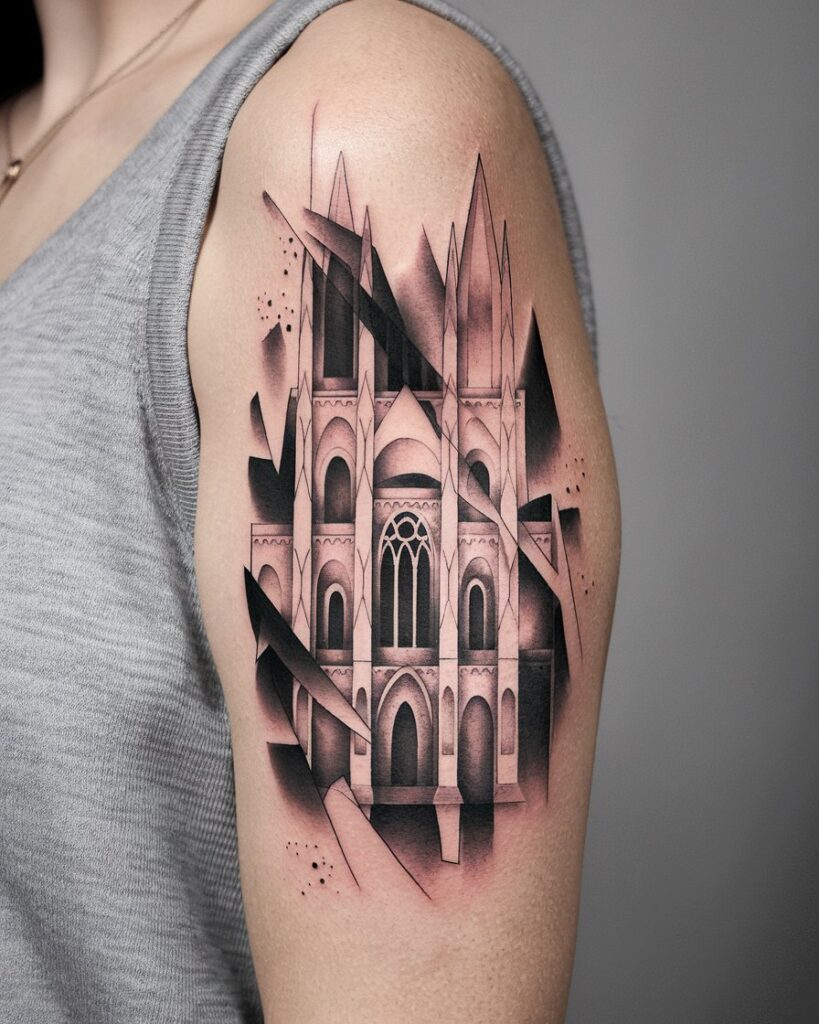 Tatuaje de catedral gótica abstracta