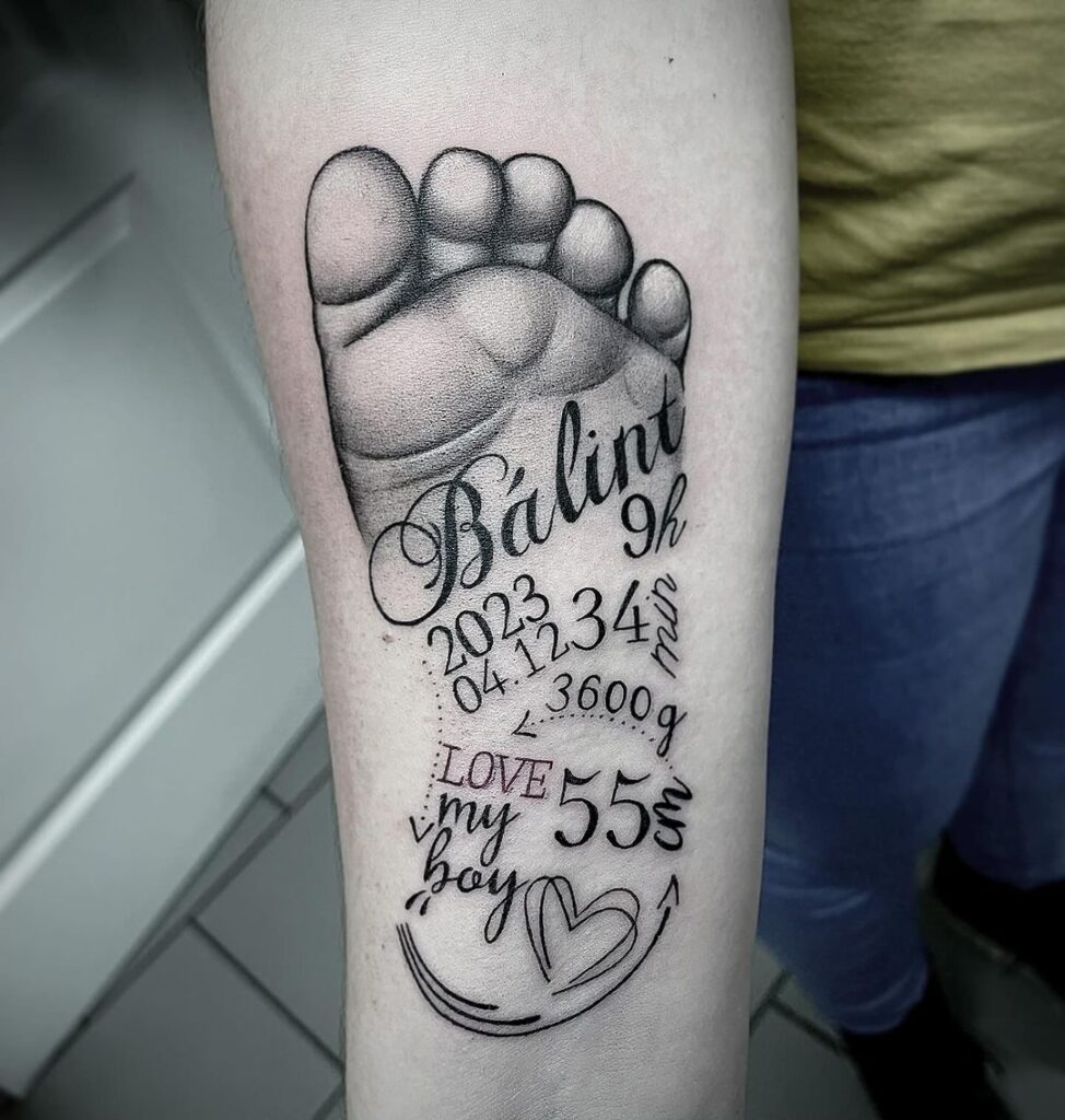 Baby Foot With Birth Details Tattoo