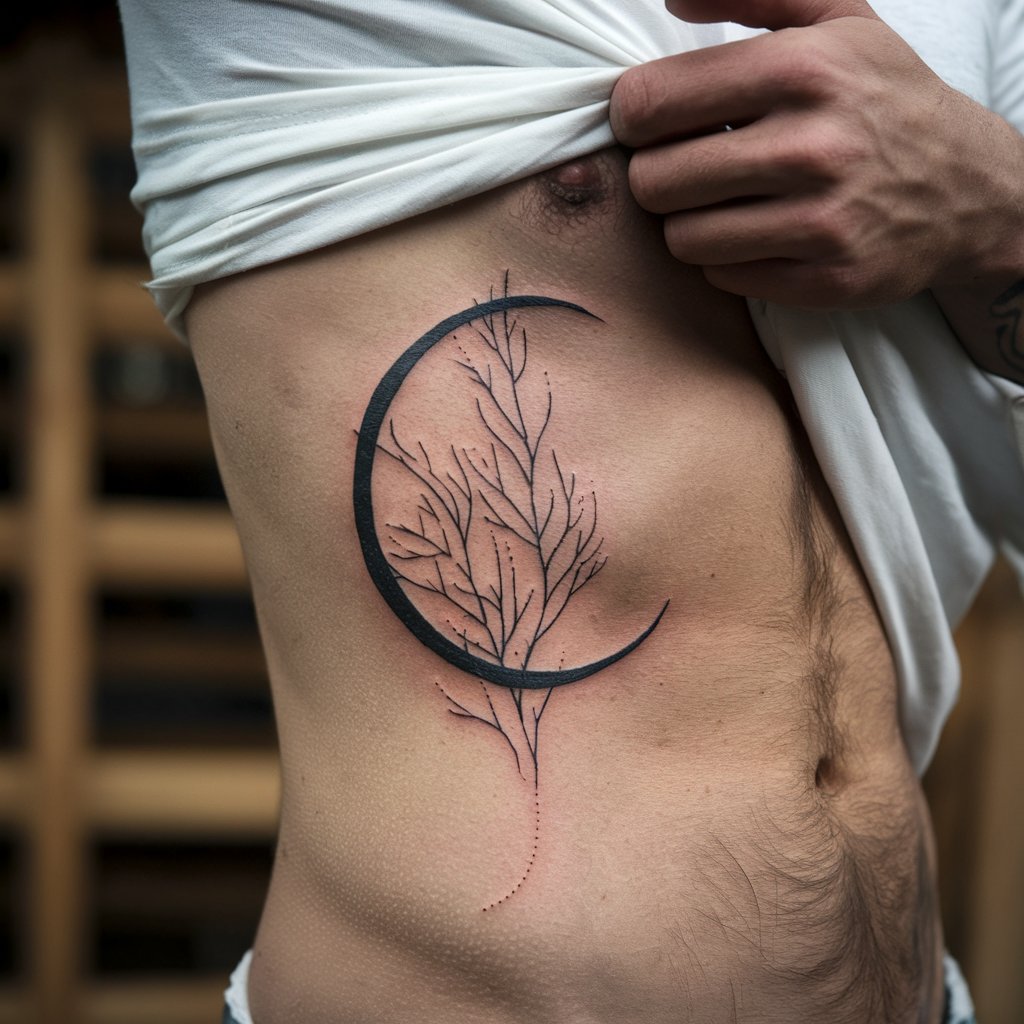 Tatuaje de árbol desnudo y luna creciente en la costilla