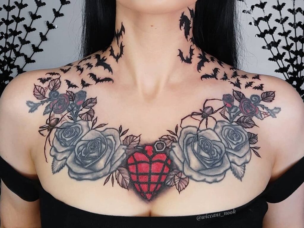 Bats & Roses Chest And Neck Tattoo