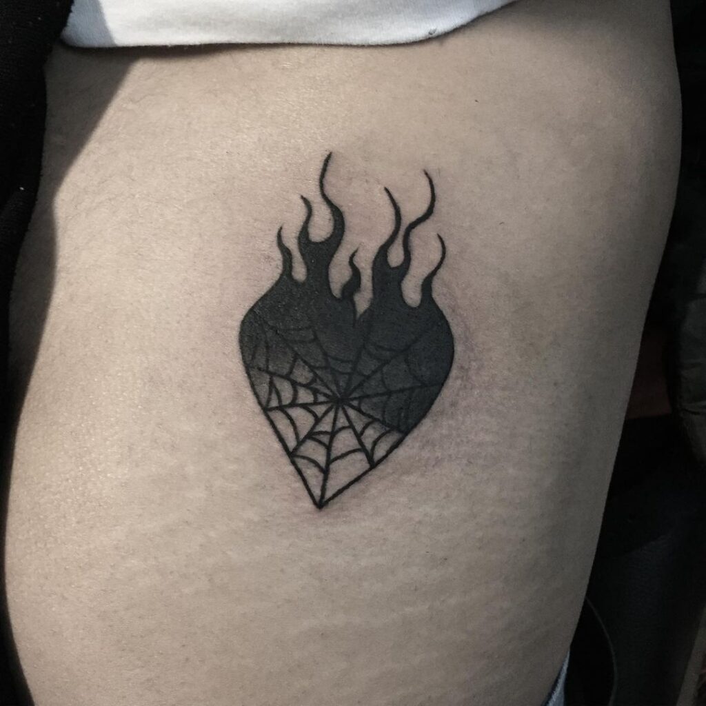 Black Spider Fire Heart Tattoo