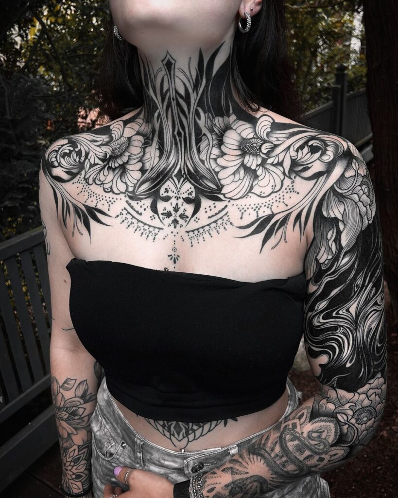 Blackwork Chest And Neck Tattoo