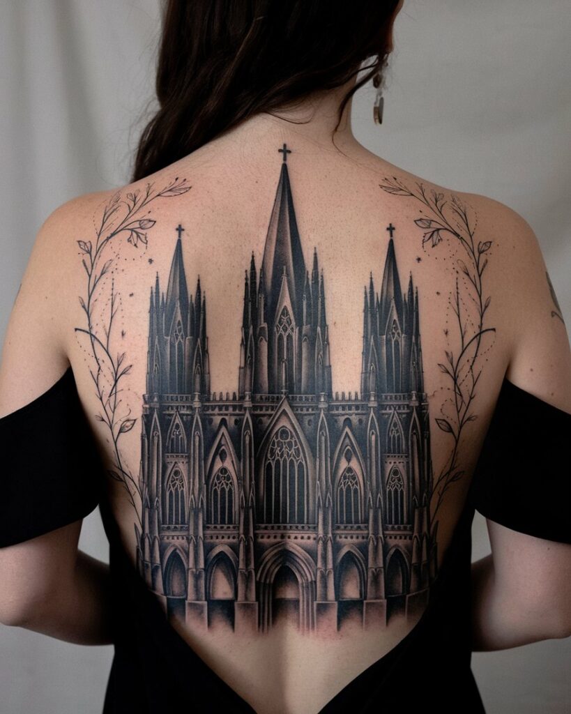 Tatuagem de catedral gótica de costas pretas