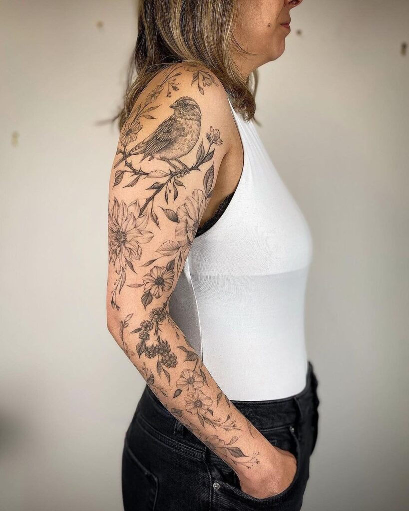 Botanical Fine Line Sleeve Tattoo