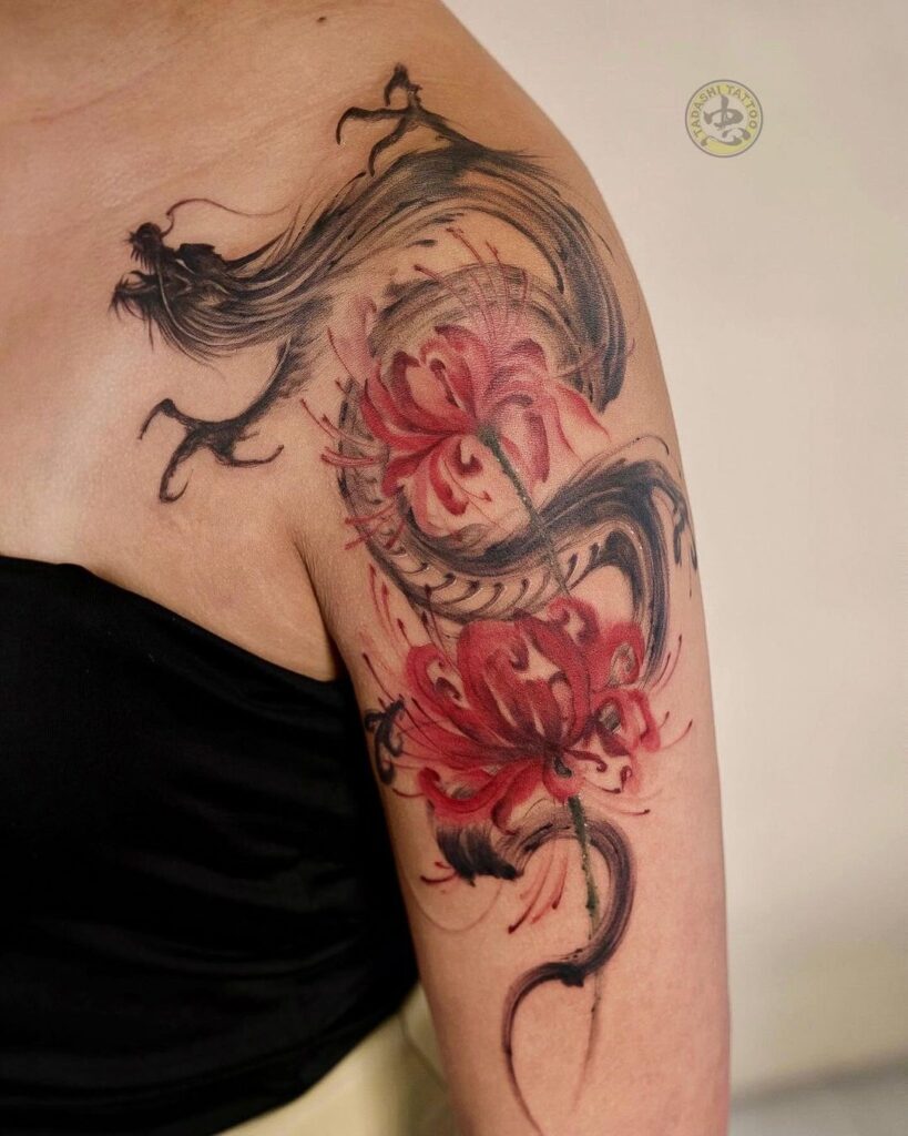 Brushstroke Dragon And Spider Lily Tattoo