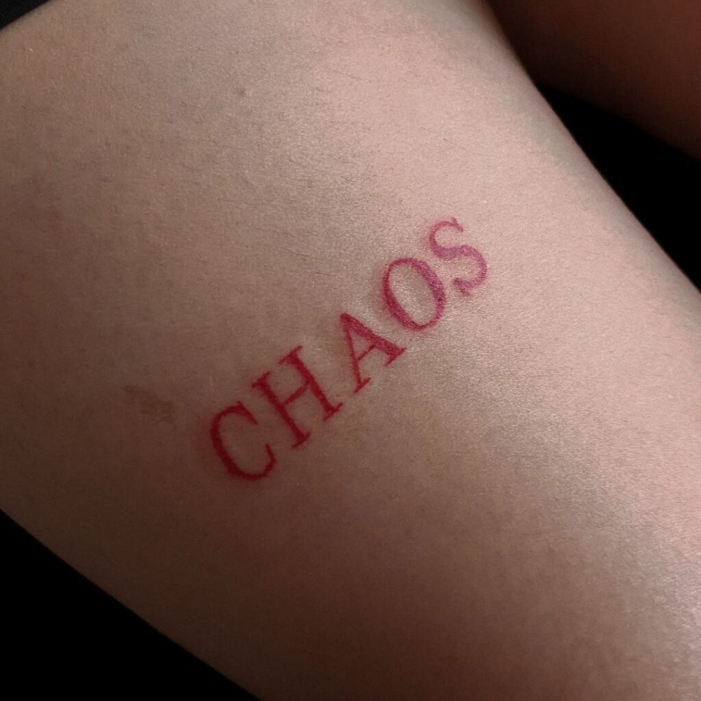 Chaos Red Script Tattoo