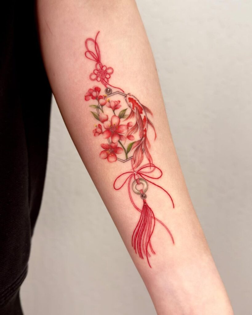 Tatuagem de flor de cerejeira e peixe Koi