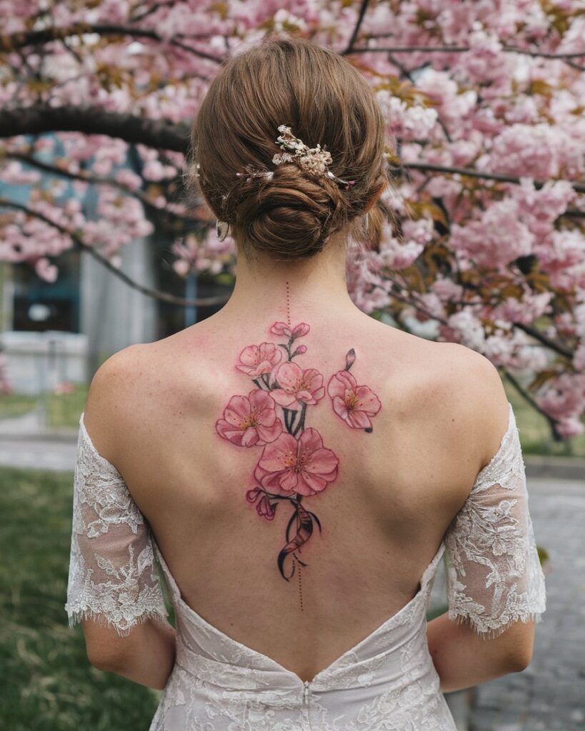 Tatuagem de flores de cerejeira nas costas