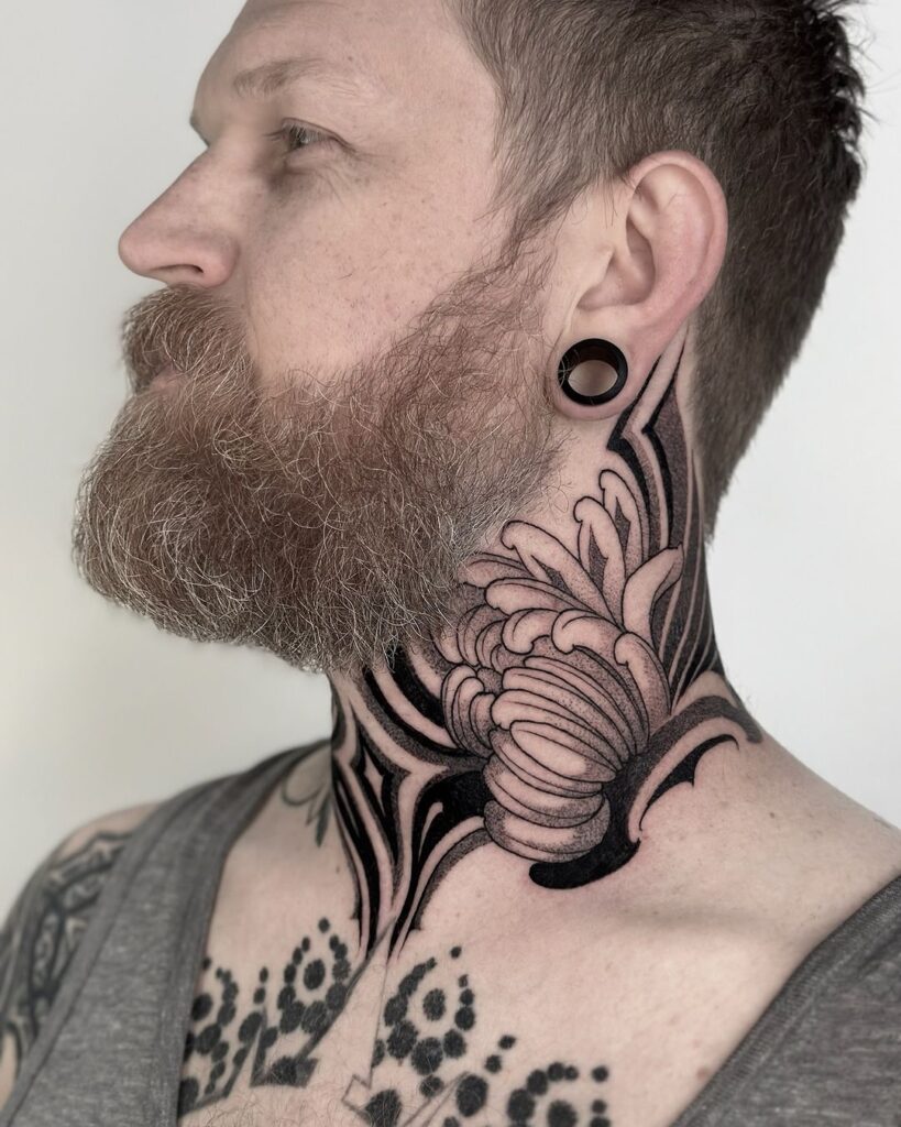 Chrysanthemum Neck And Throat Tattoo