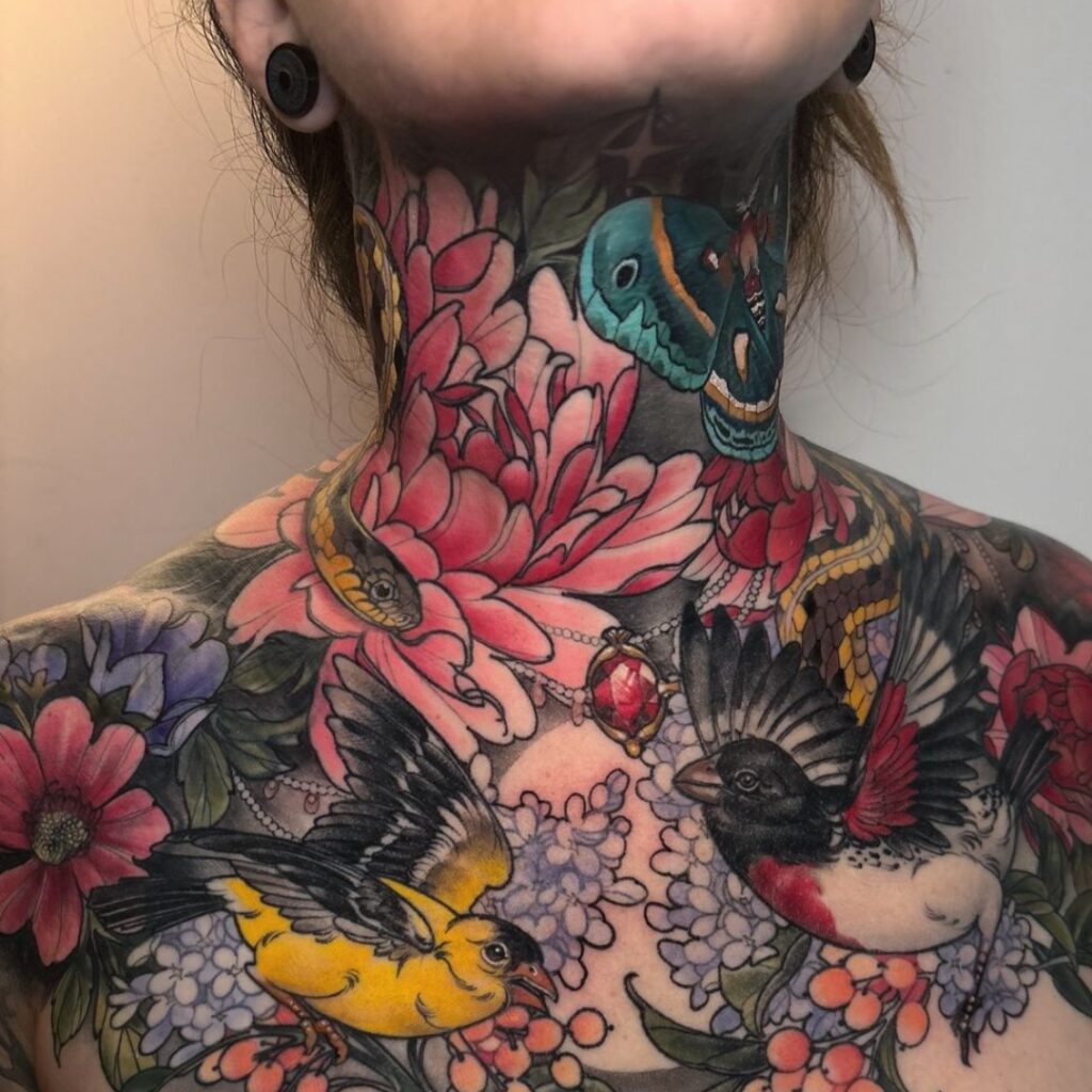 Colorful Chest And Neck Tattoo