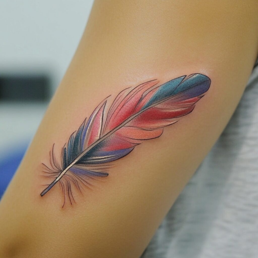 Tatuaggio colorato del braccio con piume