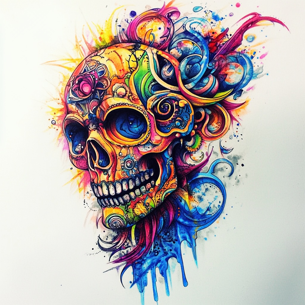 Colorful Skull Tattoo Design Drawing