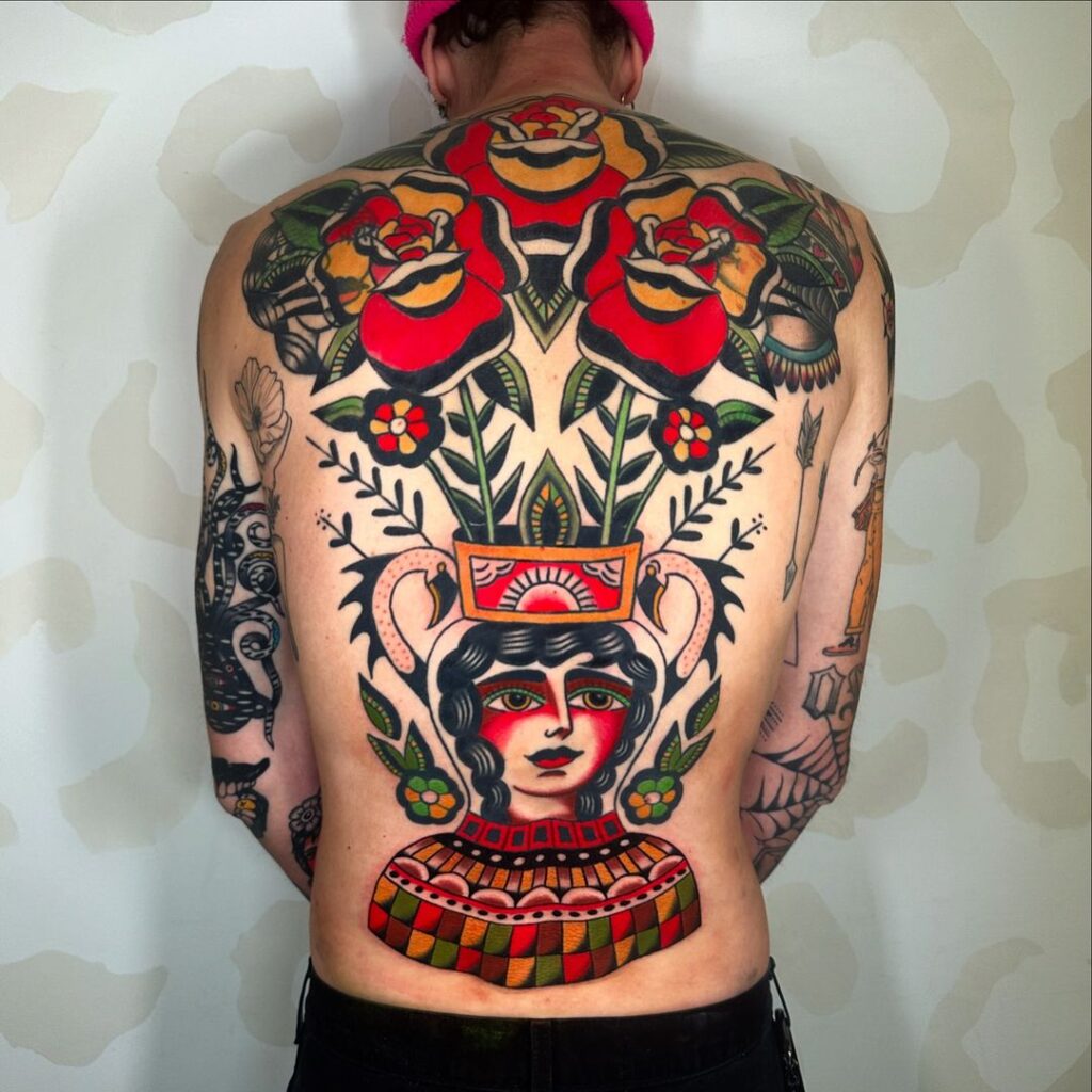 Colorful Traditional Back Tattoo