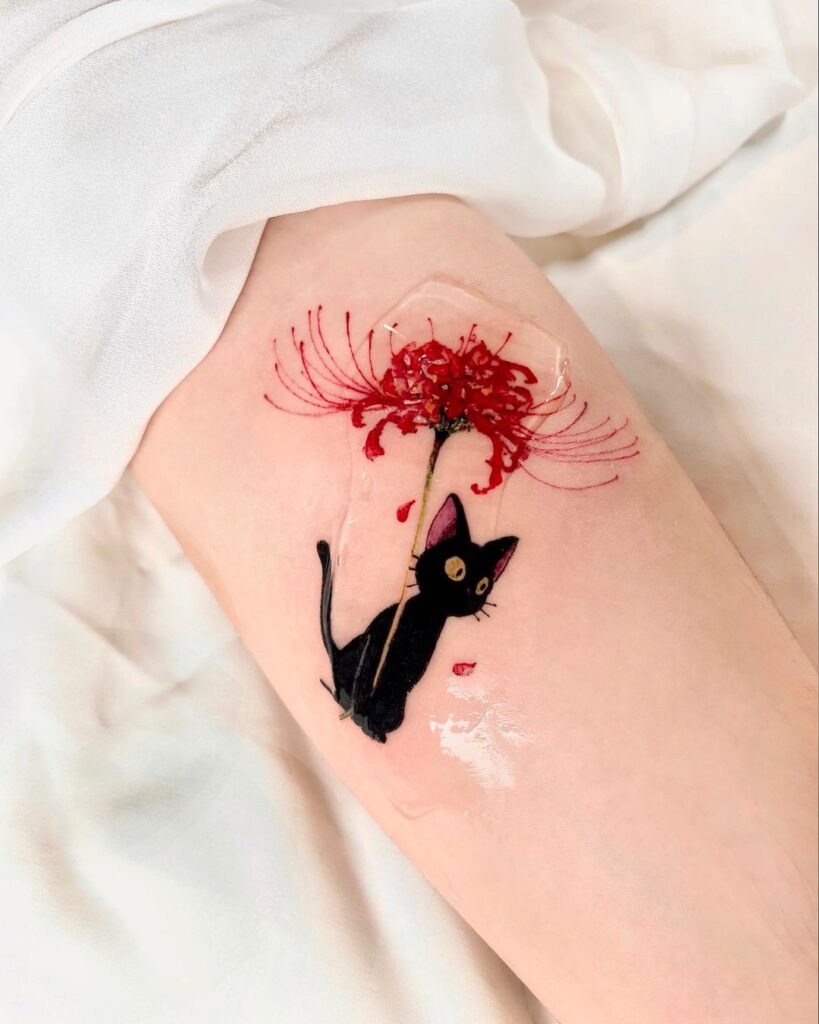 Cute Cat With Red Spider Lily Tattoo