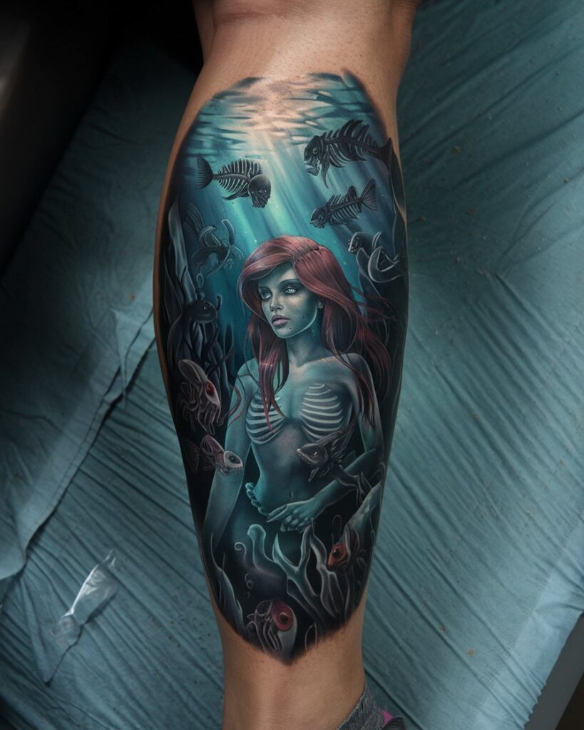 Tatuaggio Ariel scuro sul polpaccio