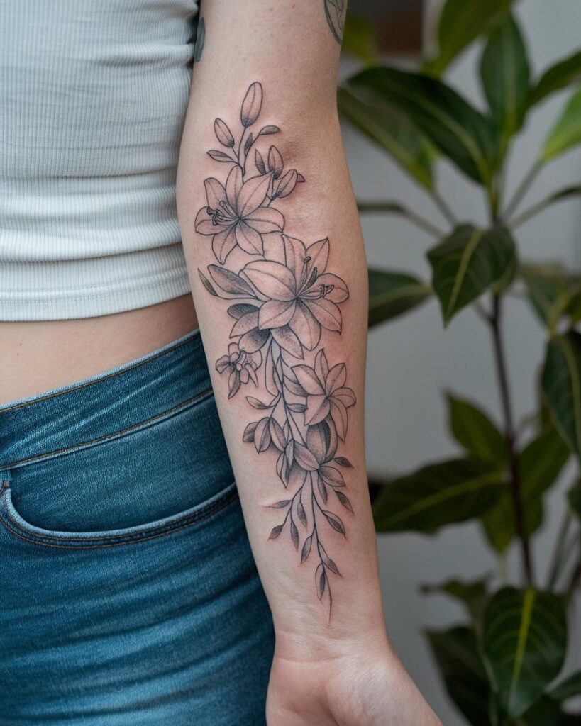 Delicado tatuaje floral en el antebrazo