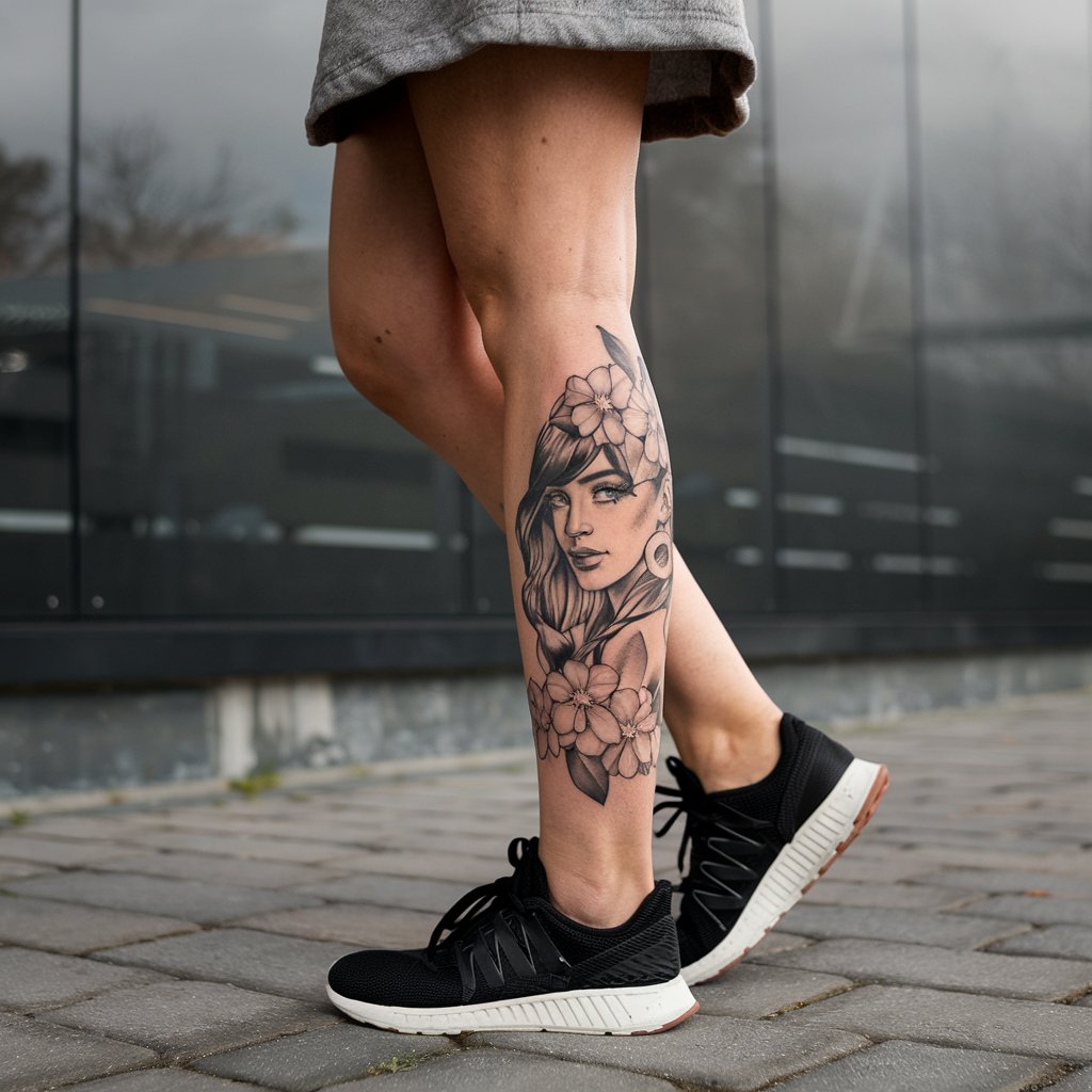 Dope Woman Portrait Leg Tattoo