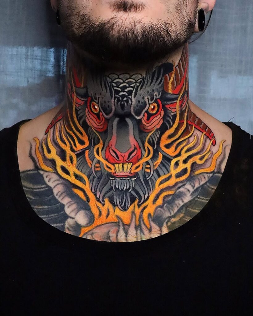 Dragon Neck And Throat Tattoo