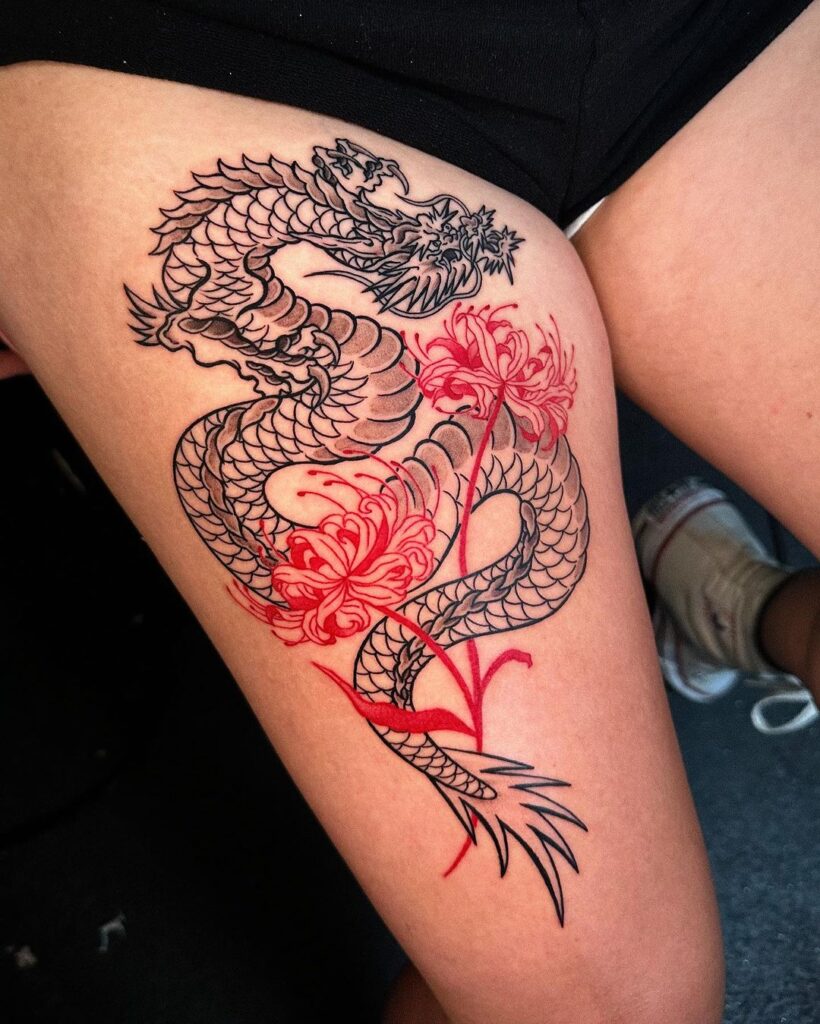 Dragon With Spider Lilies Tattoo