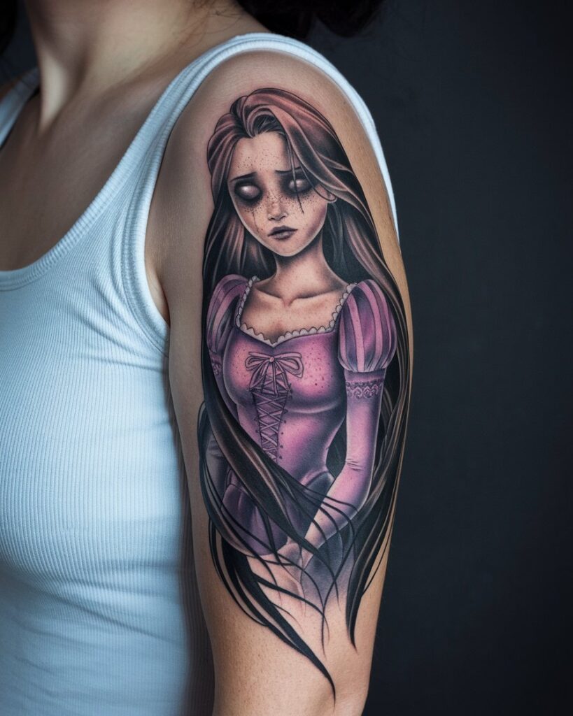 Espeluznante tatuaje de Rapunzel en el brazo